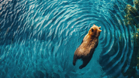 A bird's-eye view of a bear swimming in a clear blue lake, with ripples spreading outwards, illustrating the bear's natural grace.の素材