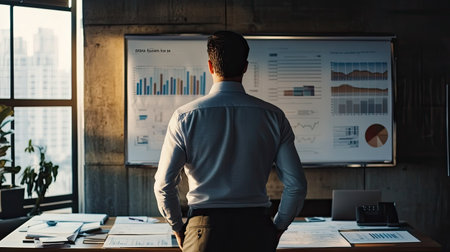 A businessman in a meeting room with financial documents and a whiteboard, planning investment strategies for 2024.の素材
