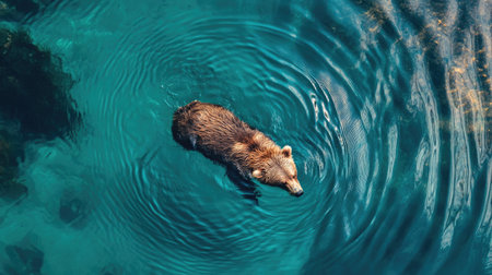 A bird's-eye view of a bear swimming in a clear blue lake, with ripples spreading outwards, illustrating the bear's natural grace.の素材