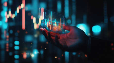 A businessman displays a growing holographic stock chart in his hand, illuminated against a dark background.の素材