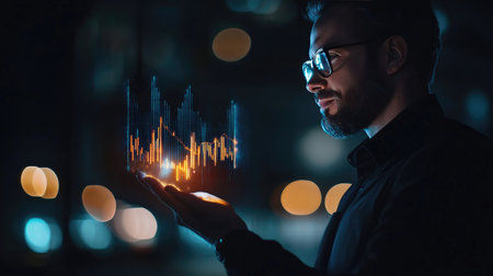 A businessman displaying a virtual stock chart hologram in his hand, glowing in a dark environment, representing financial growth.の素材