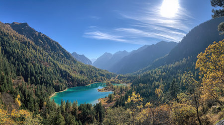 A breathtaking panoramic view of Jiuzhaigou Valley, showcasing its turquoise lakes and towering mountains under a clear blue sky.の素材