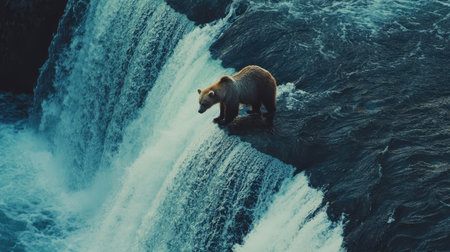 A bird's-eye view of a bear standing on the edge of a waterfall, with water cascading down, highlighting the power and majesty of nature.の素材
