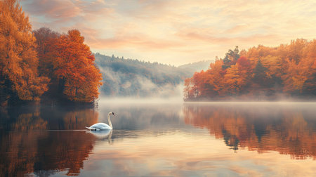 A calm lake reflecting golden autumn leaves under a pastel sky, with a lone swan gracefully gliding across the water.の素材