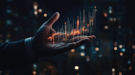 A businessman displays a holographic stock chart rising from his hand, set against a dark background, symbolizing business and finance.の素材
