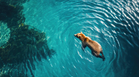 A bird's-eye view of a bear swimming in a clear blue lake, with ripples spreading outwards, illustrating the bear's natural grace.の素材