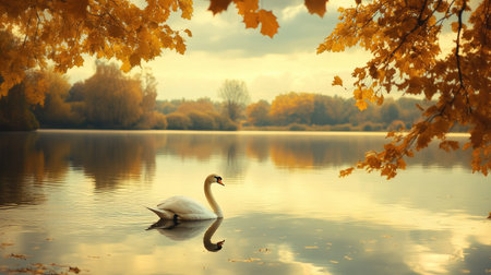 A calm lake mirrors the golden shades of autumn leaves beneath pastel skies, as a swan moves gracefully across.の素材