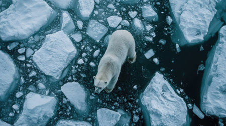 A polar bear walking across ice floes, viewed from above, showcasing the majestic creature in its Arctic environment.の素材