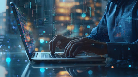 A businessman working on a laptop, analyzing financial data and preparing a business growth strategy for 2024.の素材