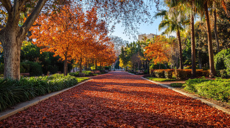 A city park path covered in red-brown leaves, with orange trees glowing in the morning sunlight. The scene captures the beauty of a sunny autumn day.の素材