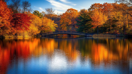 A calm lake reflecting the vibrant colors of autumn trees, with a bridge in the background. The sunlight glimmers on the water in this peaceful fall landscape.の素材