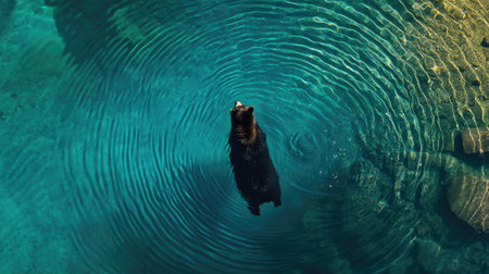 A bird's-eye view of a bear swimming in a clear blue lake, with ripples spreading outwards, illustrating the bear's natural grace.の素材