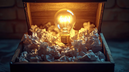 A grungy box overflowing with crumpled paper, with a glowing light bulb symbolizing breakthrough thinking in business and innovation.の素材