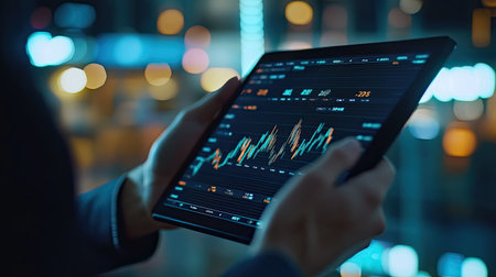 A financial expert with a digital tablet displaying stock market predictions, strategizing for 2025.の素材
