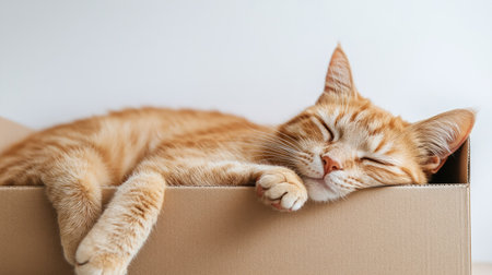 A cozy cat napping inside a box, surrounded by the simplicity of a white background, ideal for themes of comfort and relaxation.の素材