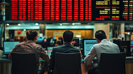 A group of investors discussing stock market opportunities, strategizing for success in 2025.の素材