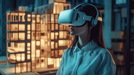 A futuristic concept with an Asian woman architect using VR to design a 3D model of a building with precast concrete elements, utilizing BIM technology.の素材