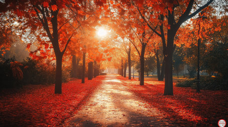 A city park path covered in red-brown leaves, with orange trees glowing in the morning sunlight. The scene captures the beauty of a sunny autumn day.の素材
