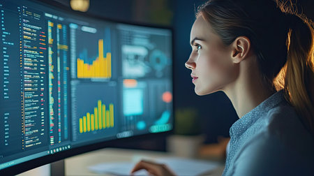 A professional analyzing financial metrics and market trends, planning for business growth and investments in 2025.の素材