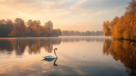 A calm lake reflecting golden autumn leaves under a pastel sky, with a lone swan gracefully gliding across the water.の素材