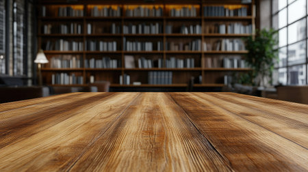 A polished wooden table with a modern library backdrop, perfect for product showcases or stylish design mockups.の素材