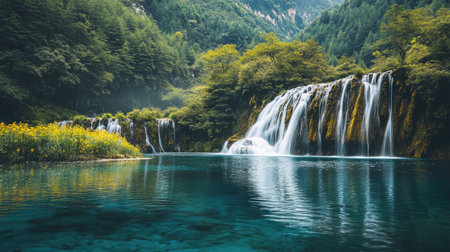 A peaceful scene of a waterfall cascading into a serene lake in Jiuzhaigou Valley, surrounded by lush greenery and vibrant flowers.の素材