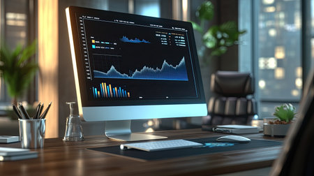 A modern office scene with a computer showing graphs and charts, a keyboard and mouse on the table, and a chair in the background.の素材