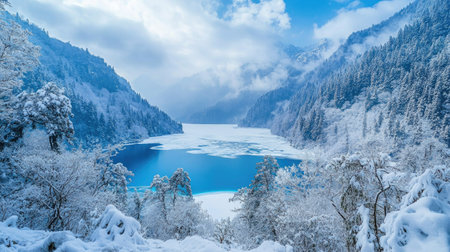 A panoramic view of Jiuzhaigou Valley in winter, with the valley blanketed in snow and frozen lakes creating a magical winter wonderland.の素材