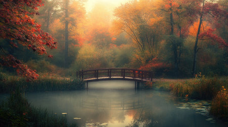 A misty autumn morning by a calm pond, with a bridge leading through the colorful forest. The scene is bathed in the soft light of sunrise.の素材