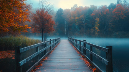 A misty lake at sunrise, surrounded by vibrant autumn trees. The scene captures the calm beauty of fall, with a wooden bridge leading through the forest.の素材