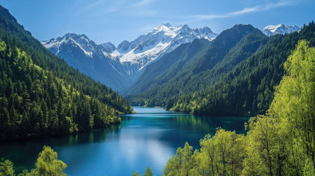 A picturesque view of Jiuzhaigou Valley's snow-capped mountains and deep blue lakes, framed by lush green forests.の素材