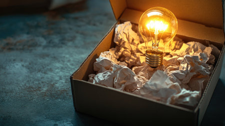 A grungy box overflowing with crumpled paper, with a glowing light bulb symbolizing breakthrough thinking in business and innovation.の素材