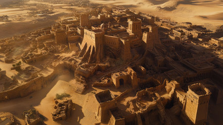 A stunning aerial view of a desert city, with ancient stone buildings, a fortress, and winding sand-covered streets.の素材