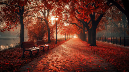 A quiet city park path in autumn, covered in red-brown leaves and surrounded by vibrant orange trees. The soft light of sunrise creates a serene, inviting atmosphere.の素材