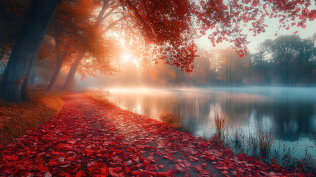 A romantic autumn park with a path covered in red leaves, leading to a misty lake at sunrise. The scene is illuminated by soft, golden sunlight.の素材
