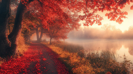 A romantic autumn park with a path covered in red leaves, leading to a misty lake at sunrise. The scene is illuminated by soft, golden sunlight.の素材