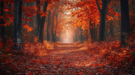 A quiet autumn forest path, covered in red-brown maple leaves and surrounded by orange trees. The bright morning sunlight adds warmth to this peaceful nature scene.の素材