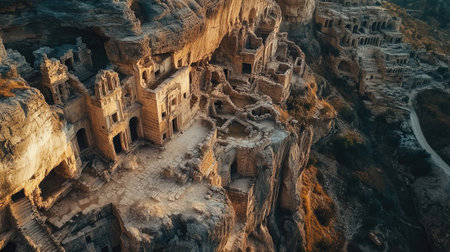 A stunning aerial shot of an ancient cliff-side city, with buildings carved into the rock and connected by narrow paths.の素材