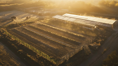 Aerial shot of a chicken farm at dawn, with soft morning light casting long shadows across the enclosures.の素材