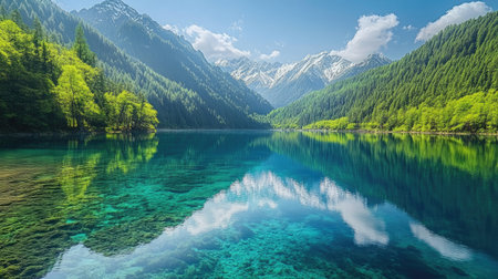 A serene lake at Jiuzhaigou National Park, with turquoise waters reflecting the lush green forest and snow-capped peaks.の素材