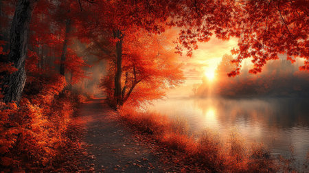 A tranquil pathway through a forest of red and gold trees, leading to a misty lake. The scene captures the serene beauty of autumn at sunrise.の素材