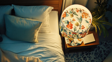 Aerial view of a bedside lamp with a floral pattern on the shade, adding a touch of charm to the bedroom.の素材