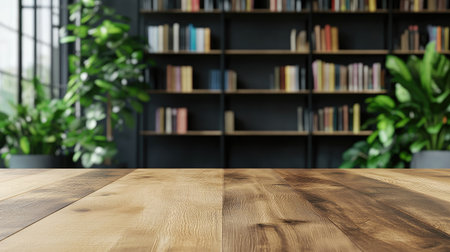 A stylish wooden table in front of a modern library setting, perfect for showcasing products or branding content.の素材