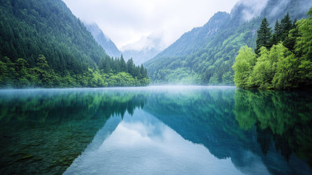 A tranquil lake at Jiuzhaigou National Park, surrounded by lush green forests and towering peaks, mirroring the serene landscape.の素材
