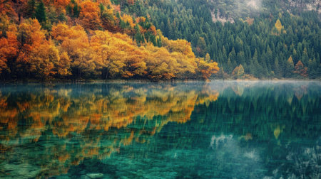 A tranquil lake at Jiuzhaigou National Park, with vibrant autumn foliage reflected in its pristine waters.の素材