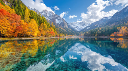 A tranquil lake at Jiuzhaigou National Park, with crystal-clear waters mirroring the vibrant autumn foliage and snowy peaks.の素材