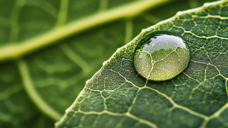 A single large water drop resting on a green leaf, magnifying the leafaes texture and veins in a stunning natural composition.の素材