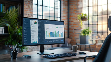 A sleek desktop computer showing business charts on a table, with a stylish chair in the background, representing data analysis.の素材