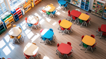 Aerial view of a classroom with desks arranged in groups, colorful chairs, and a bright, vibrant learning environment.の素材