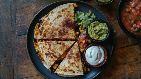Aerial view of a corn and black bean quesadilla, served with a side of salsa, guacamole, and sour cream.の素材